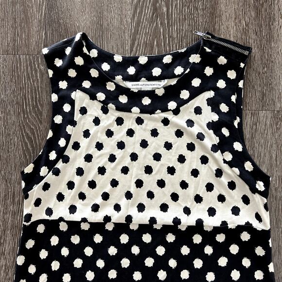 Vintage DIANE VON FURSTENBERG 100% Silk Polka Dot Knit Dress Black Ivory Size 6 - Picture 3 of 10